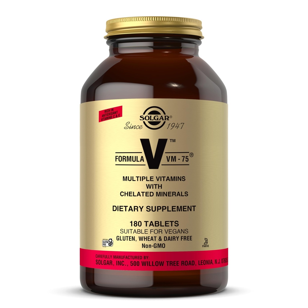 Solgar Formel VM- 75, 180 tabletter - Multivitamin med kattede mineraler - Vitamin A, B6, B12, C, D, E - Biotin, Magnesium, Calcium, Jern, Zink - Vegan, Gluten Free, Dairy Free, Kosher - 180 Servere