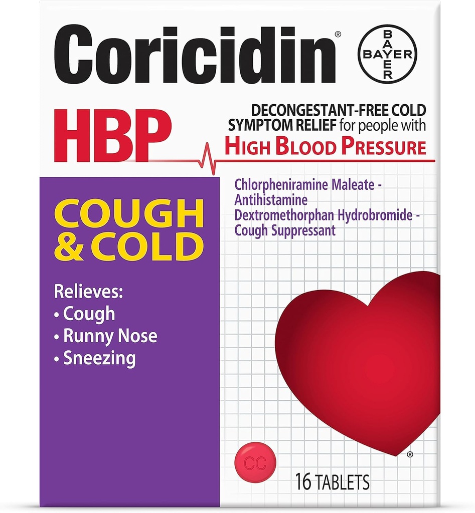 Coricidin HBP Decongestant- Free Hough and Cold Medicine - specielt designet Relief for High Blood Pressure, Hough, Runny Nose, Nysen og Cold Symptomer (16 Greve)