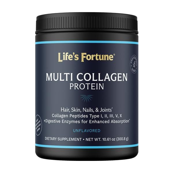 Multi Collagen Peptider Type I, II, III, V & X Hydrolyzed Protein Powder - Grass- Fed, Blend med fordøjelsesenzymer - for hud, hår, negle, Joints & Gut Health, Unflavored