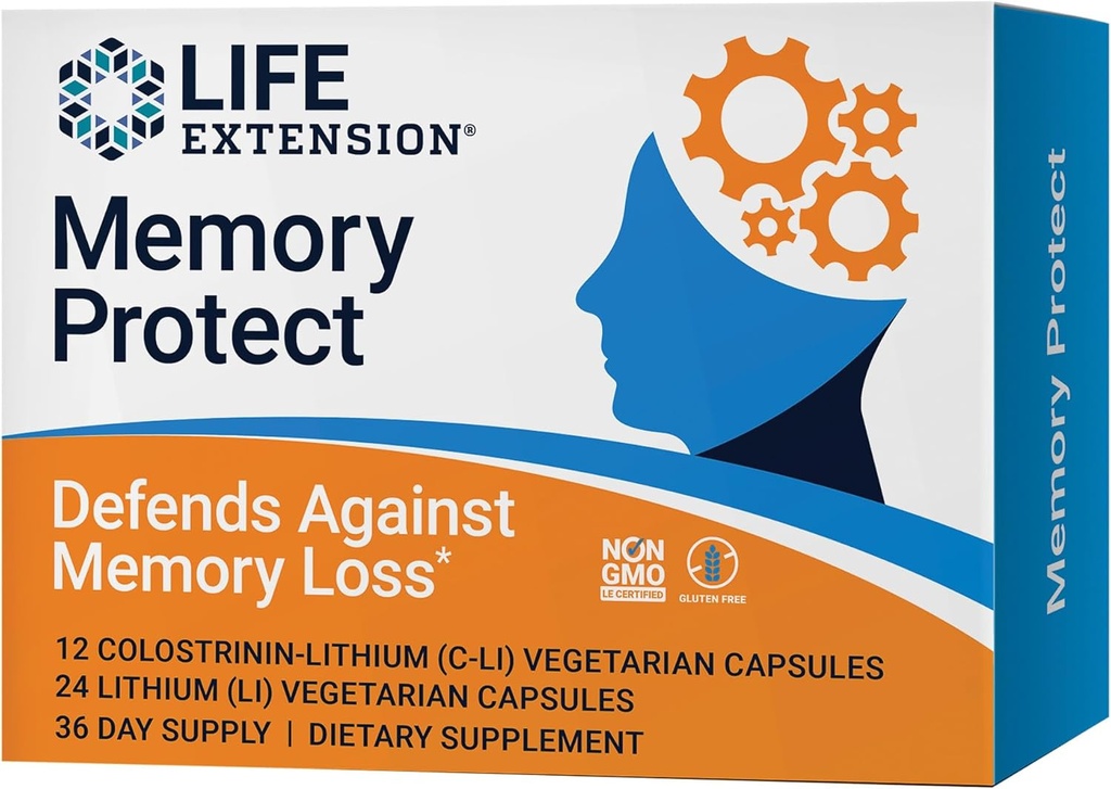 Life Extension Memory Protect, Lithium, colostrinin Milk peptides, Memory and Cognitive Health Support, Gluten-Free, Non-GMO, 12 colostrinin-Lithium (C-Li) Capsules, 24 Lithium (Li) Capsules