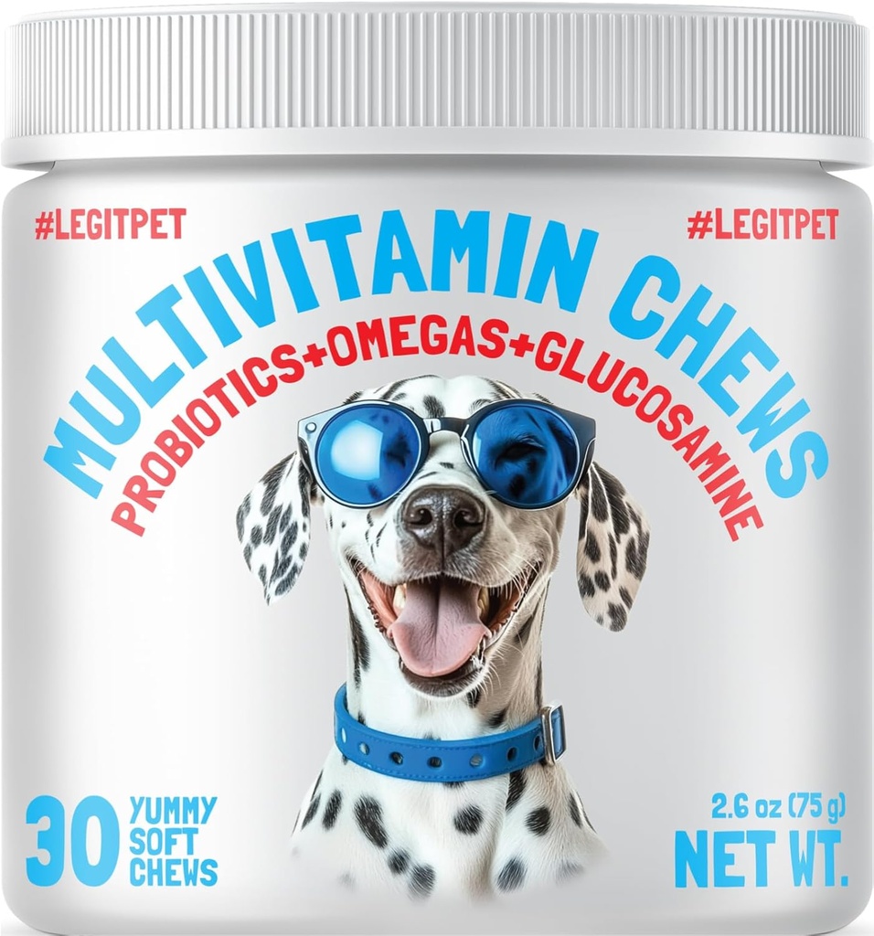 LEGITPET Hund Vitaminer - 30 Multivitaminer Chews w / Glucosamin Chondroitin, Probiotika fordøjelsesenzymer og Omegas - Supplement for samlet sundhed - Fælles støtte, immunforsvar, hud og hjerte sundhed