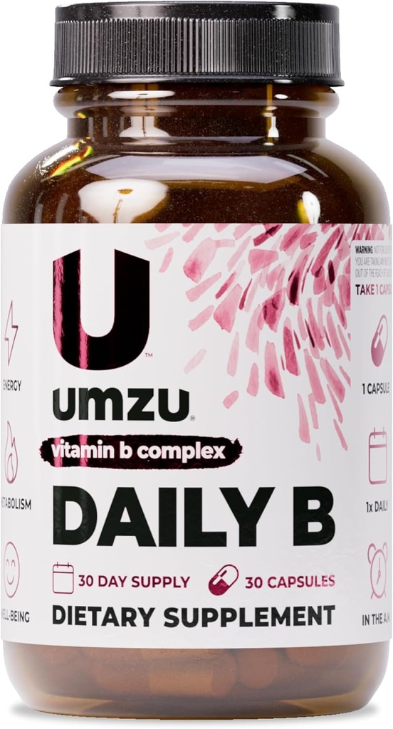 UMZU Daily B-124; 100% Komplet vitamin B-kompleks med B1, B2, B3, B5, B6, B7, B9 & B12 med folinsyre; 124; Understøtter naturlig energi produktion & kognitiv funktion Godt (30 dages forsyning 124; 30 kapsler)
