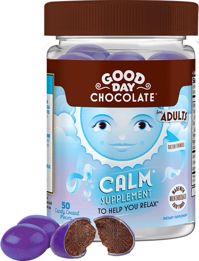 God dag Chokolade Natural Calming Supplement for voksne, Blend of Camomile, Theanin, Magnesium, Fair Trade og non-GMO chokolade, 50 stykker