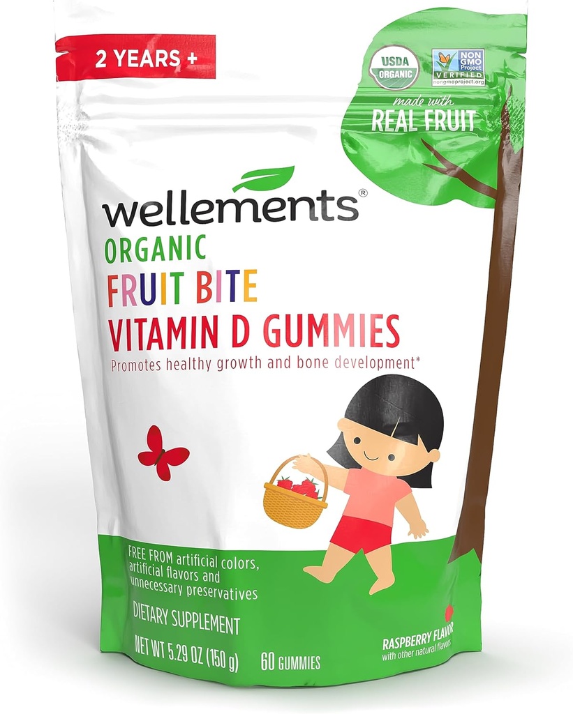 Wellows Organic Fruit Bite Vitamin D Gummy Note 124; Vitamin D3 Gummy til børn, supplement til sund vækst & Knogleudvikling *, Raspberry Flavor Note 124; 60 Day Supply, Age 2 +