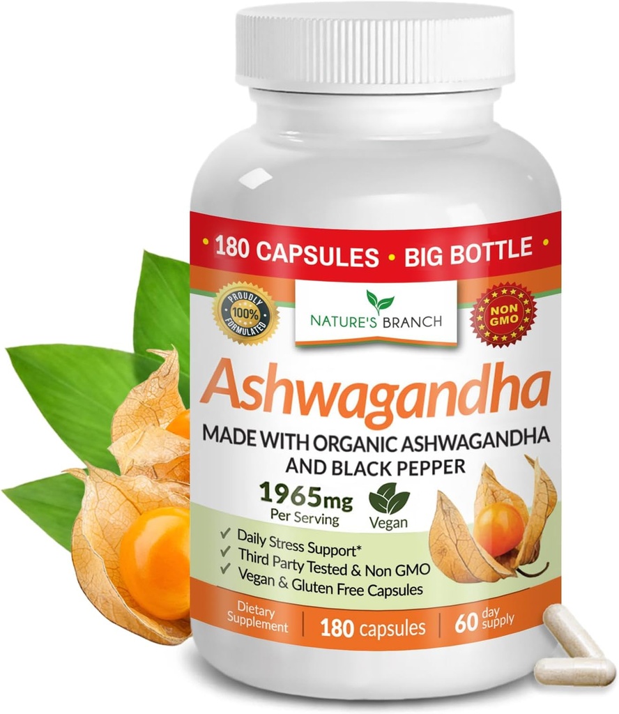 UDAF Verified Organic Ashwagandha med sort peber - 180 kapsler - 1965mg ekstra styrke til stress, søvn, mood, thyreoidea, fokus, hår, Vegan Pure Root Extract Powder - Mænd og kvinder Kosttilskud