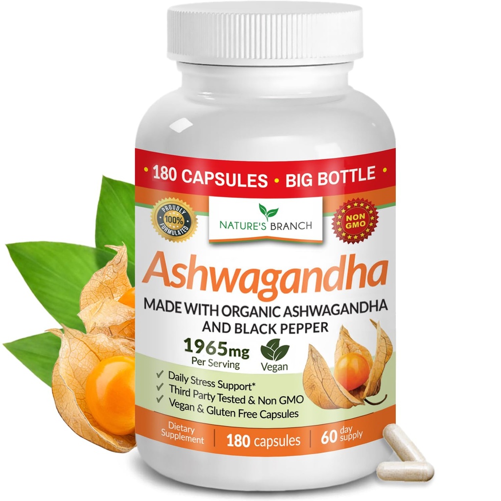 UDAF Verified Organic Ashwagandha med sort peber - 180 kapsler - 1965mg ekstra styrke til stress, søvn, mood, thyreoidea, fokus, hår, Vegan Pure Root Extract Powder - Mænd og kvinder Kosttilskud