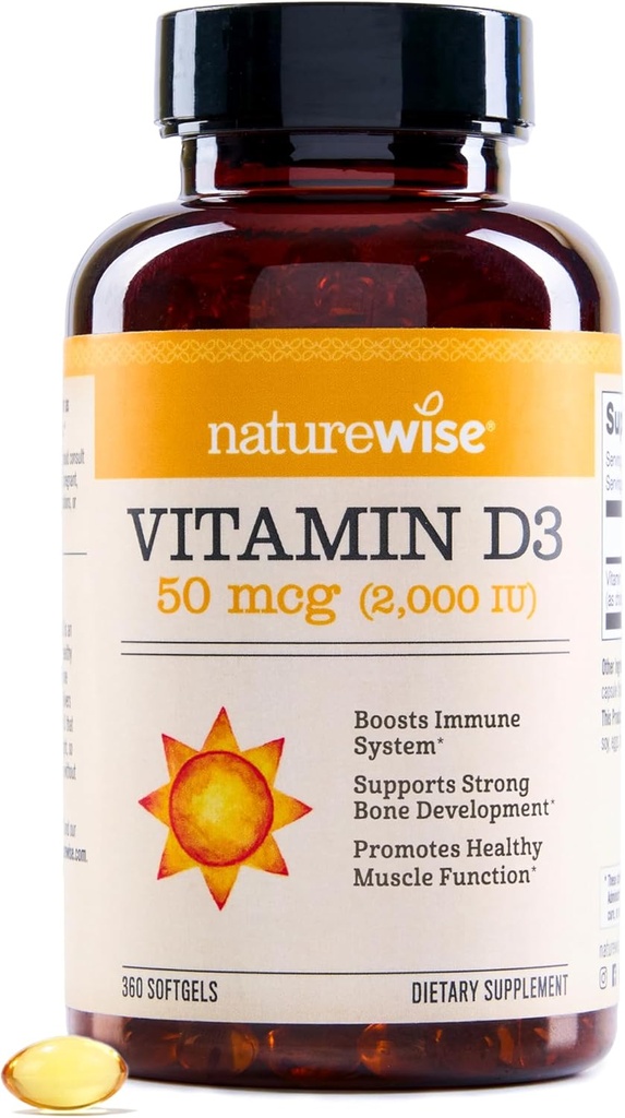 NatureWise Vitamin D3 2000iu (50 mcg) 1- År Support til immunforsvar, sund muskelfunktion, og Knoglesundhed - non-GMO, Gluten Free in Organic Extra Virgin Olivenolie, (Mini Softgel), 360 Tæl
