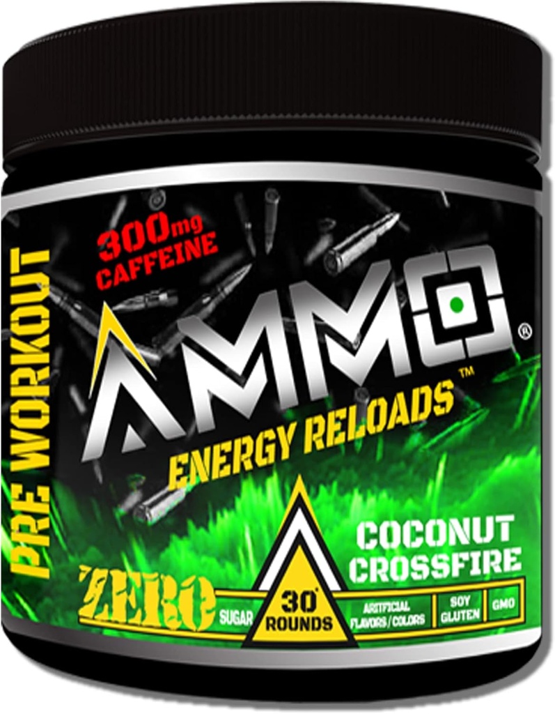 AMMO ® Energy Reloads™ Pre Workout Powder - 300mg Caffeine Zero Sugar Vital Aminos and Electrolytes No Artificial Flavors or Colors (Coconut Crossfire)