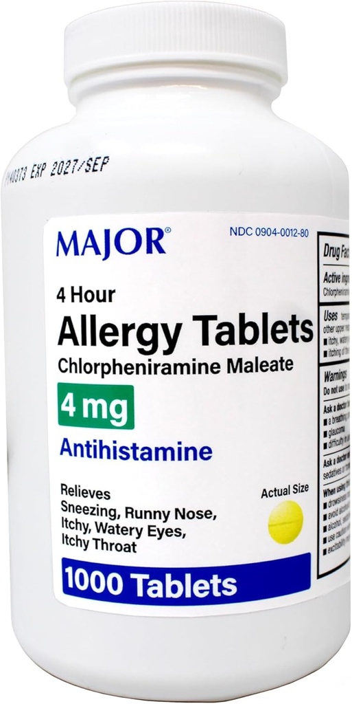 Major Allergy Tablets, Chlorpheniramin Maleate 4 mg, Antihistamin 4 Hour, 1000 Tablets