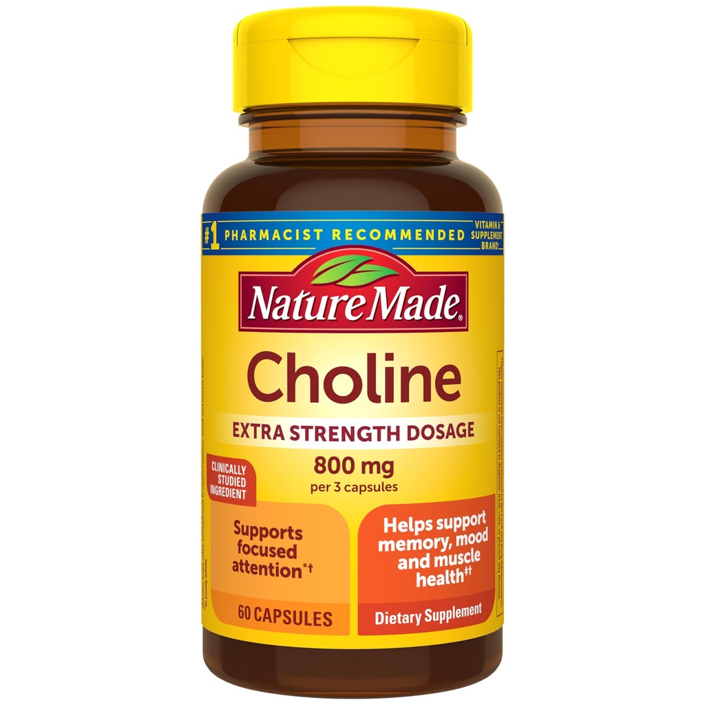 Nature Made Extra Strength Dosering Cholin Kosttilskud 800 Mg Per 3 Kapsler, Brain Health, Mood, Muskel & Lever Support, Vegetar, 60 Kapsler, 20 dages forsyning