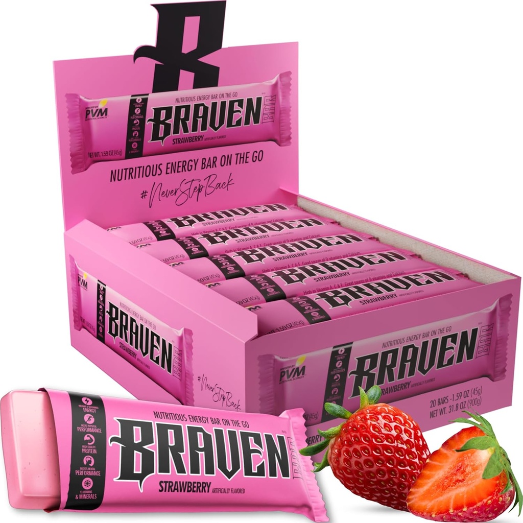 Braven Bar Strawberry Energy Bars (1,59 oz, pakke med 20) - Energitykkere med 5g Protein - On- the- Go Energisnacks til løb, vandreture og sport - Gluten Free Snacks til vedvarende energi Boost