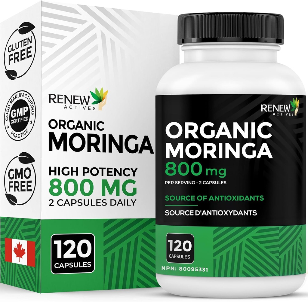 Renew Actives Moringa Leaf Supplement 800MG per 2 Capsules - Antioxidant- Rich Moringa Oleifera - fremmer godt helbred & Wellness - Let at synke - Made in Canada - 120 Kapsler