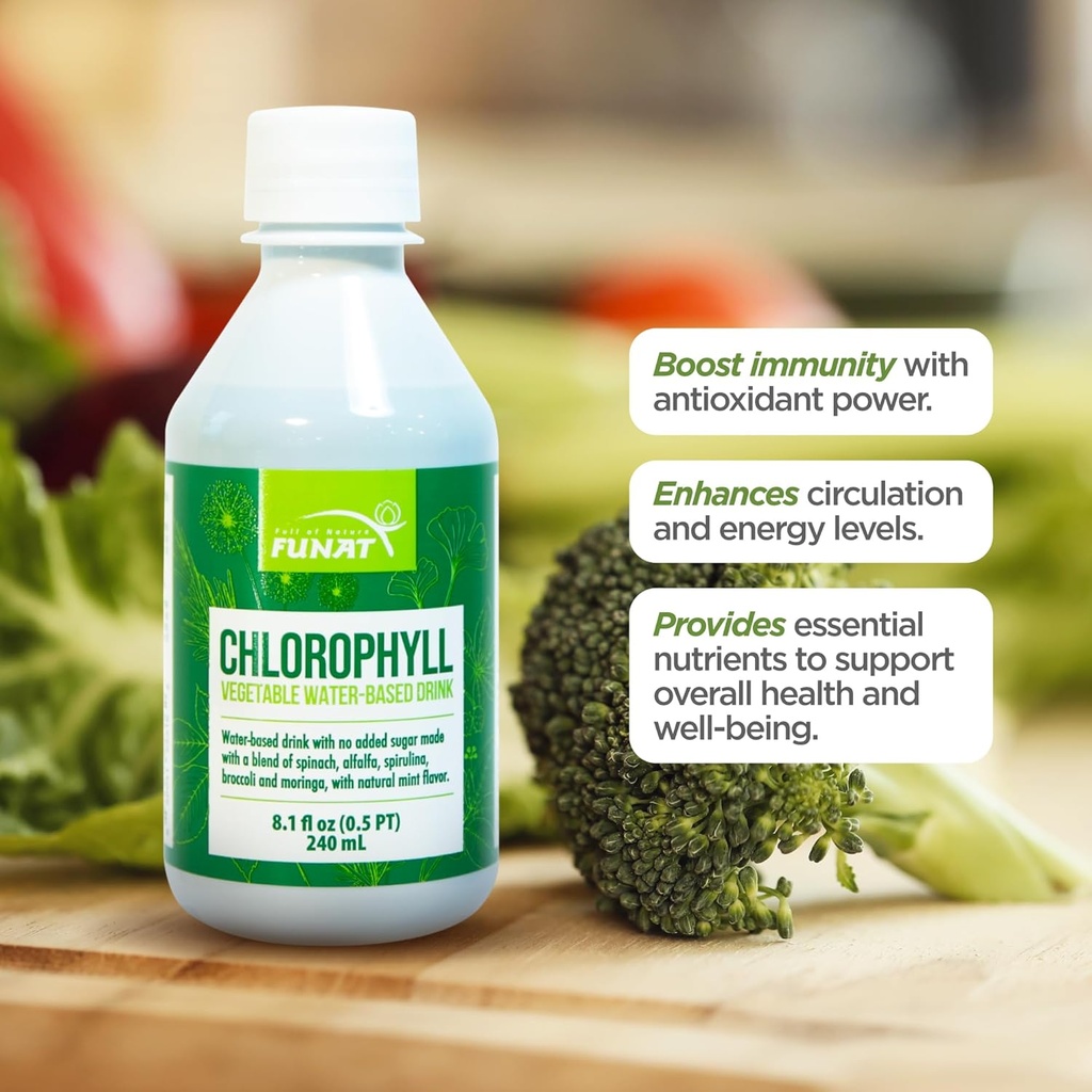 FUNAT Chlorophyll Plus Flydende med naturlige Mint Flavor - Nutrient- Rich Green Supplement for Energy & Wellness, Easy- to- Use Drops - 8.1 FL OZ