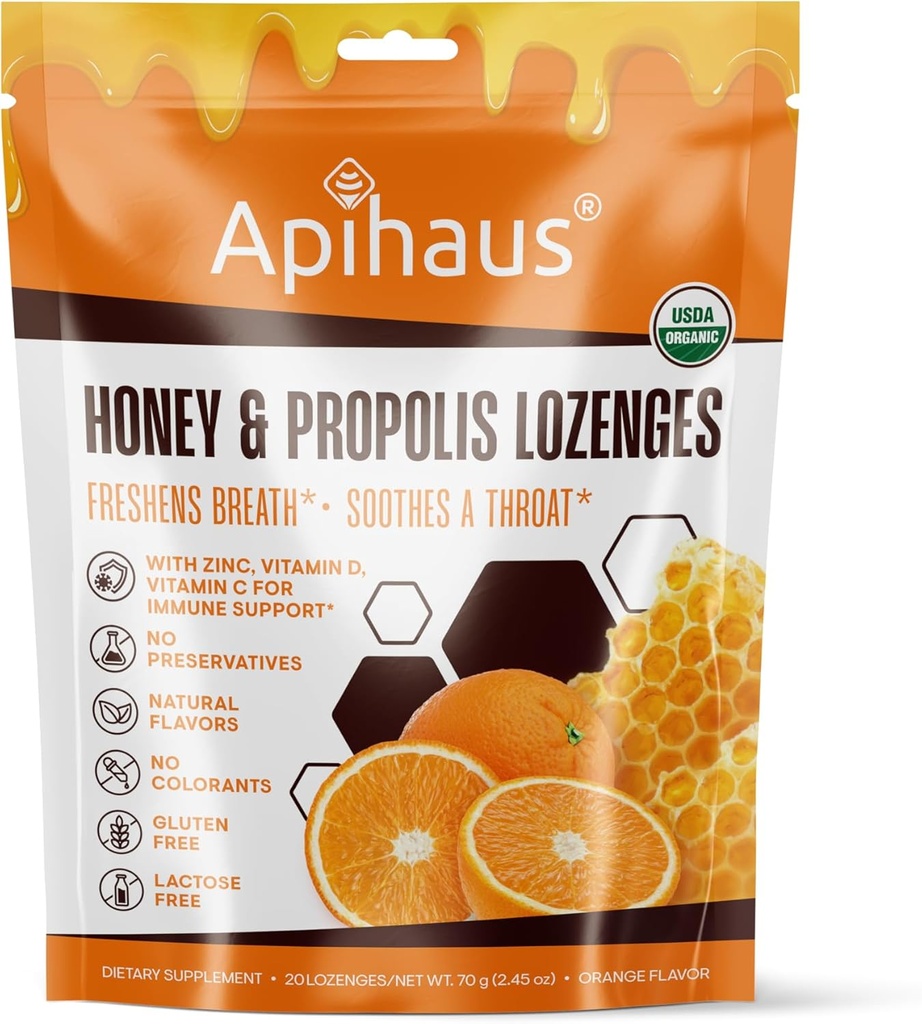Honning og Propolis Lozenges Orange Flavor, Freshens Breath - Lindrer en hals-immunstøtte med C-vitamin, D-vitamin og zink, 20 Greve