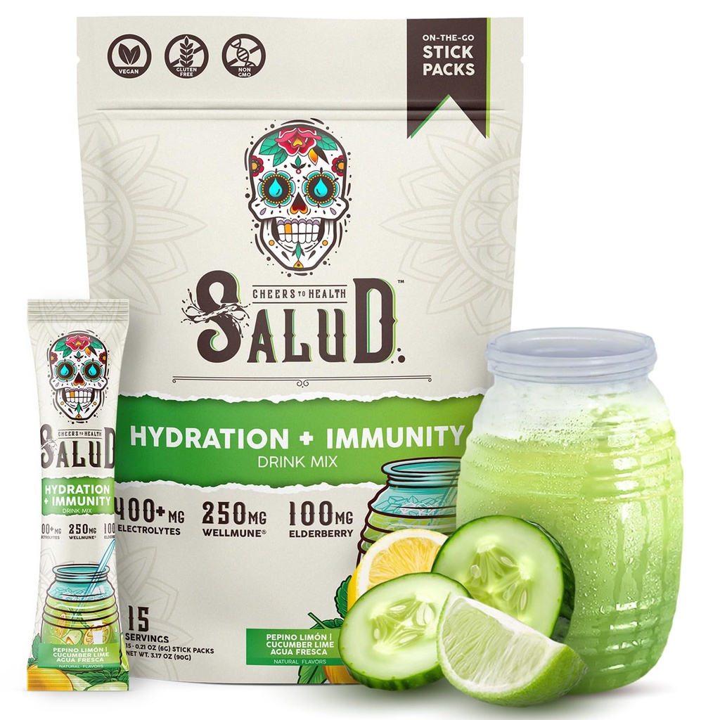 Salud 2- in-1 Hydration Packets + Immunity Electrolytes Powder, Cuckumber Lime - Agua Fresca Drink Mix, Elderberry, Dairy & Soy Free, Non- GMO, Gluten Free, Vegan, Low Calorie, 1g Sugar (15 Servere)