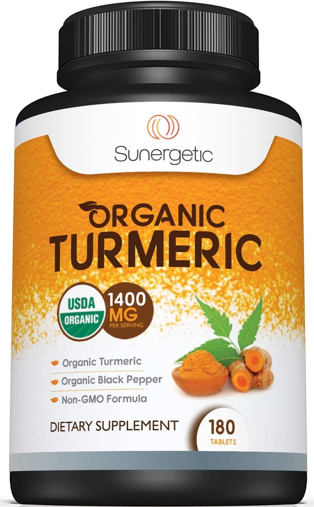 Sunergetic USDA Certified Organic Gurkemeje Supplement - Inkluderer Økologisk Gurkemeje & Økologisk Sort Pepper - 1.400mg gurkemeje per Servering - 180 Greve (Pakke med 1)
