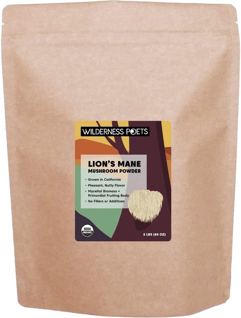Wilderness Poets Organic Lions Mane Mushroom Powder - California Grown (80 Ounce - 5 Pound)