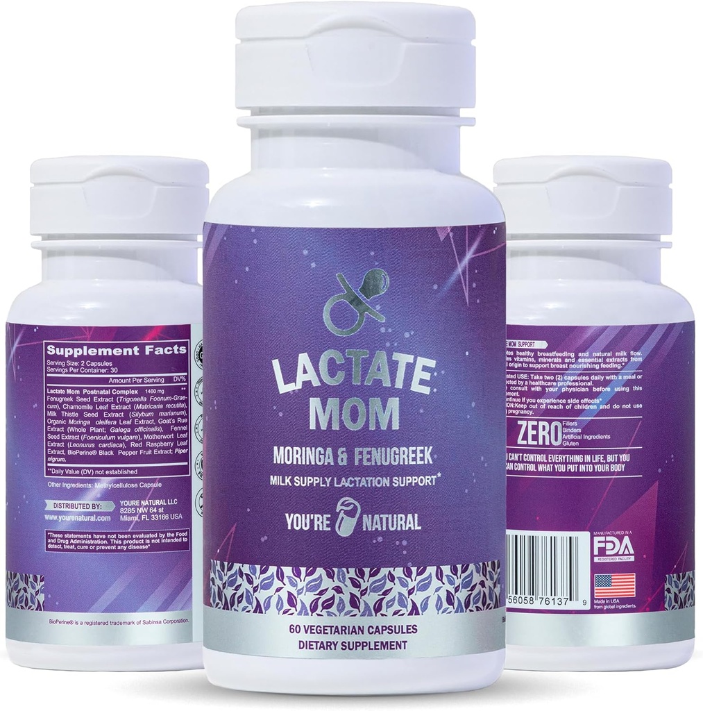DU ER NATURLIG Lactate Mor Postpartum Support Amning Vitaminer til mor & baby, Organic Moringa, Milk Thistle, Feugreek, Geder Rue og Kamille 60 Vegetariske Kapsler
