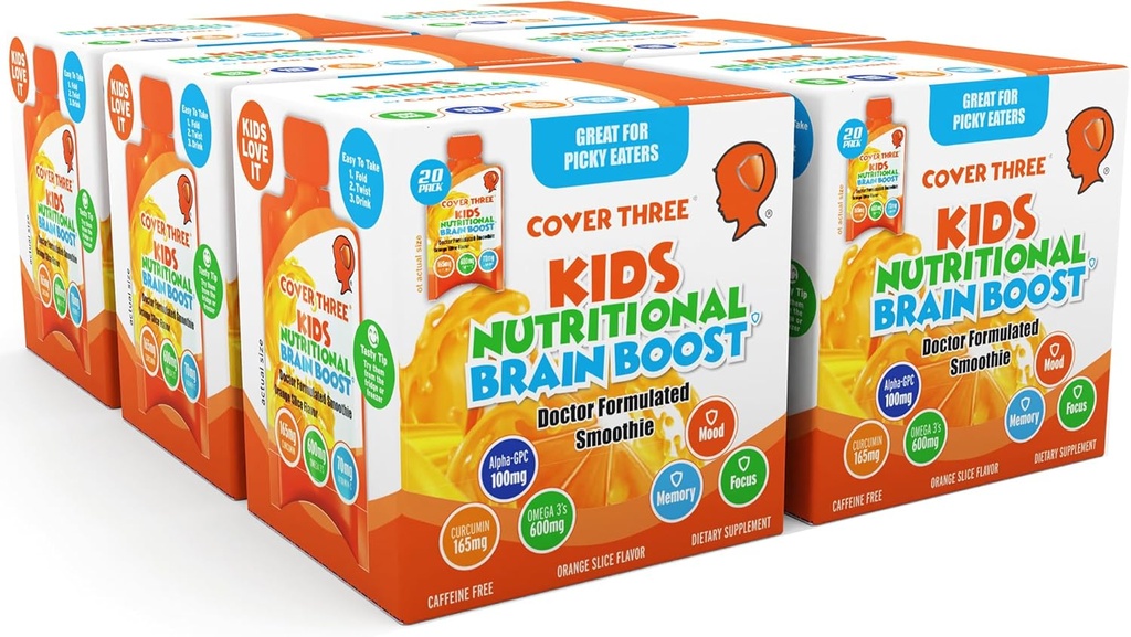 Cover Tre Kosttilskud til børn Brain Supplement Smoothie, Omega 3 Flydende Childrens DHA Fish Oil, Sundhed Kids Fokus og opmærksomhed, Følelsesmæssig Support, 20 Pouches, Pack 6