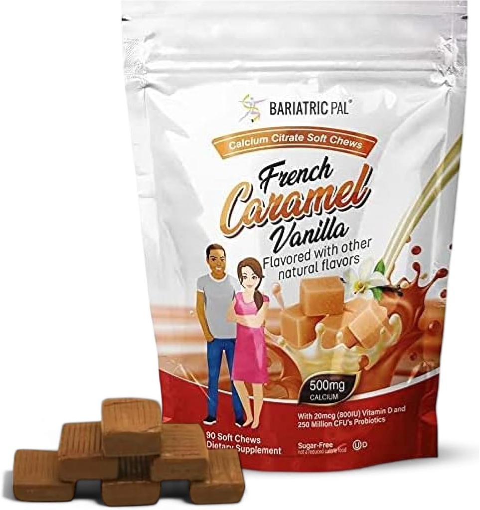 BariatricPal Sugar- Free Calcium Citrate Soft Chews ttesmå 124; 500mg with Vitamin D & Probiotics ttesmå 124; Fransk Caramel Vanilla ttesmå 124; 90 Greve (1 måned Tilgang)