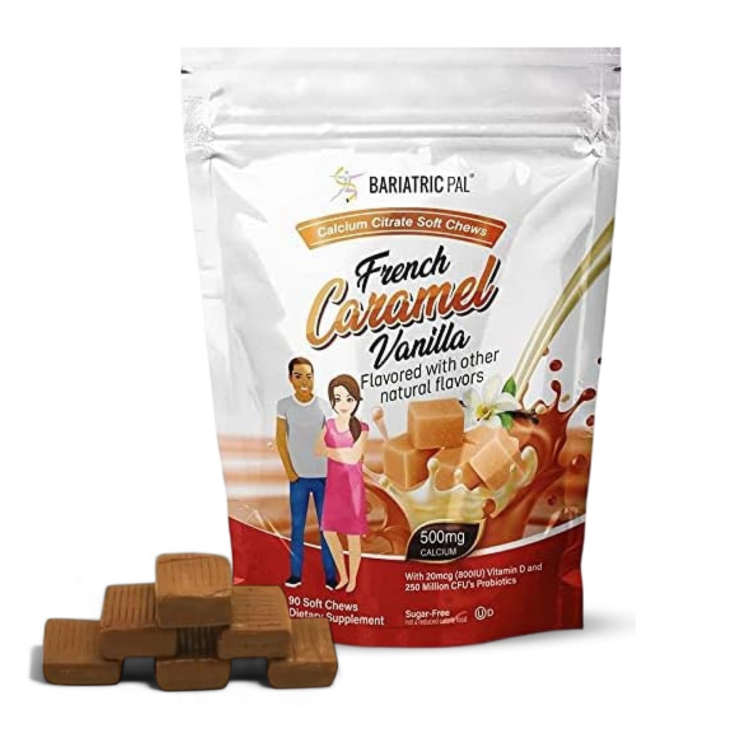 BariatricPal Sugar- Free Calcium Citrate Soft Chews ttesmå 124; 500mg with Vitamin D & Probiotics ttesmå 124; Fransk Caramel Vanilla ttesmå 124; 90 Greve (1 måned Tilgang)