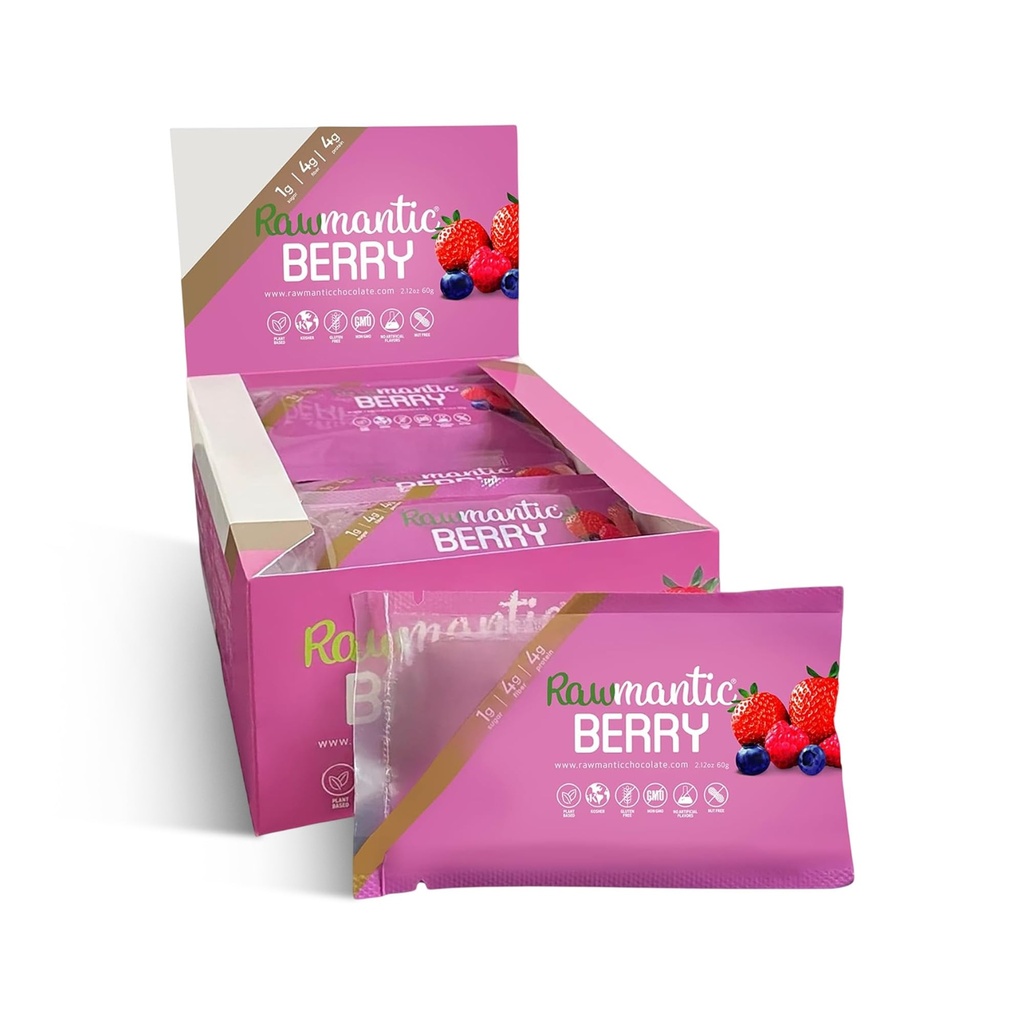 Rawmantic Chocolate Berry Vegan Energy Bars - 2.1 Oz (Pack of 12) - Chokolade Snack Bars - Dairy, Nut and Gluten Free Mixed Berry Bar - Perfekt til Vegan Diets - Ikke-GMO blandet Berry Chocolate Energy Bars