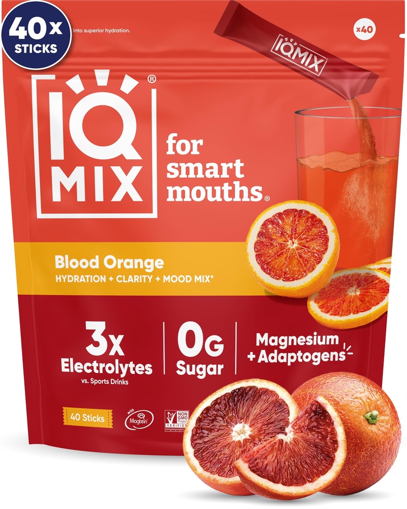 IQMIX Hydration Electrolyte Powder – 4-in-1 Formula for Hydration, Mental Clarity, Mood and Recovery – Sugar-Free Drink Mix, Keto, Magnesium L-Threonate, Lion’s Mane – 40 Count Blood Orange