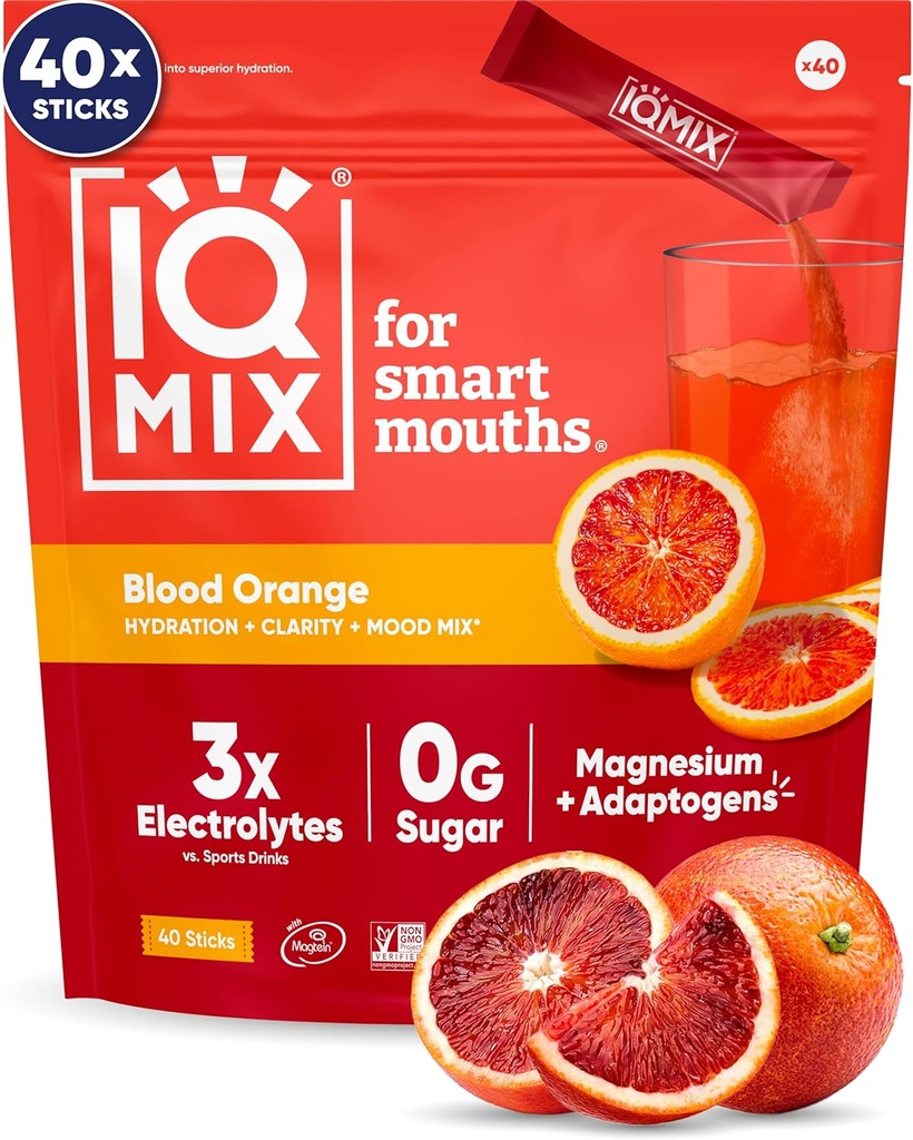 IQMIX Hydration Electrolyte Powder - 4-in-1 Formel til Hydration, Mental Klarhed, Mood og Inddrivelse - Sukkerfri drik mix, Keto, Magnesium L- Threonate, Lions Mane - 40 Count Blood Orange