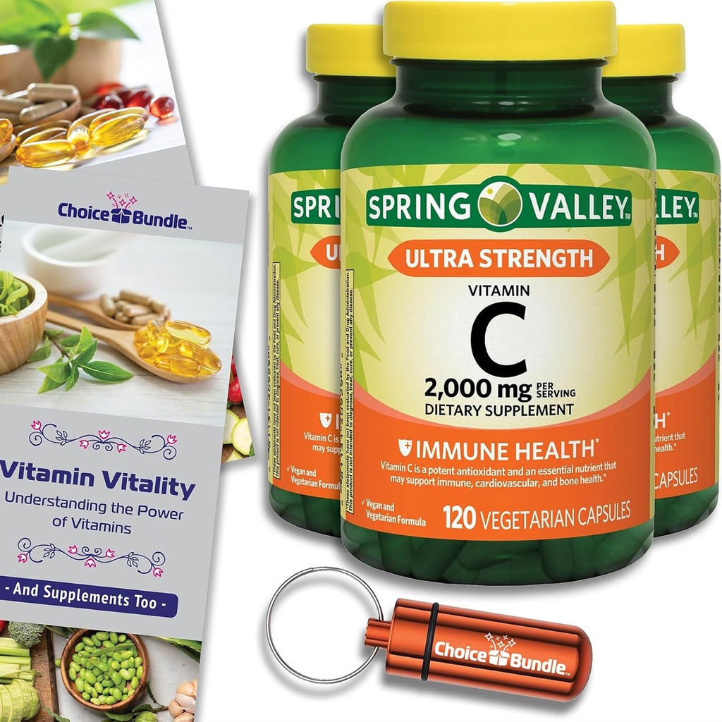 Valg Bundle Spring Valley Ultra Strength C-kapsler Kosttilskud 2000 mg 120 Ct 3 stk. (360 i alt) + Vitamin Guide & Pill Container (5 genstande)!