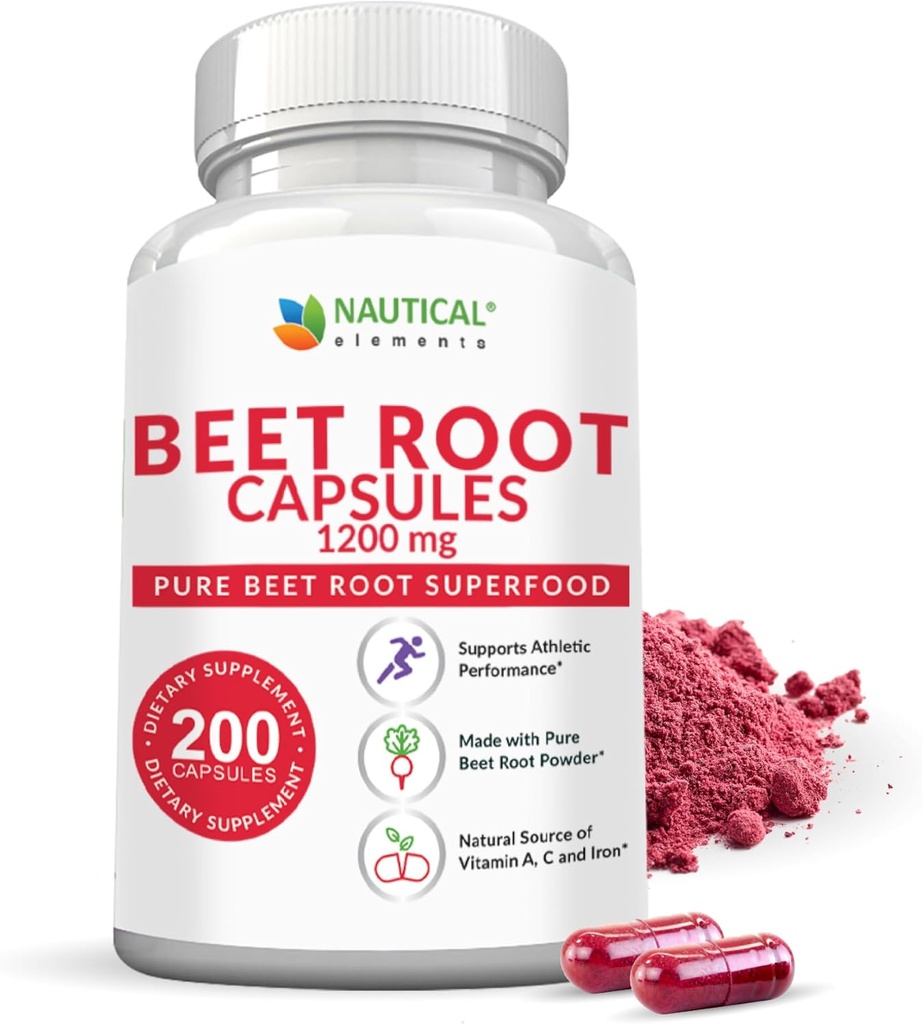 Beet Root Capsules - 1200mg Per Serving - 200 Beet Root Powder Kapsler - Beetroot Powder understøtter blodtryk, atletisk ydeevne, fordøjelsesbesvær, immunsystem (Pure, Non- GMO & Gluten Free