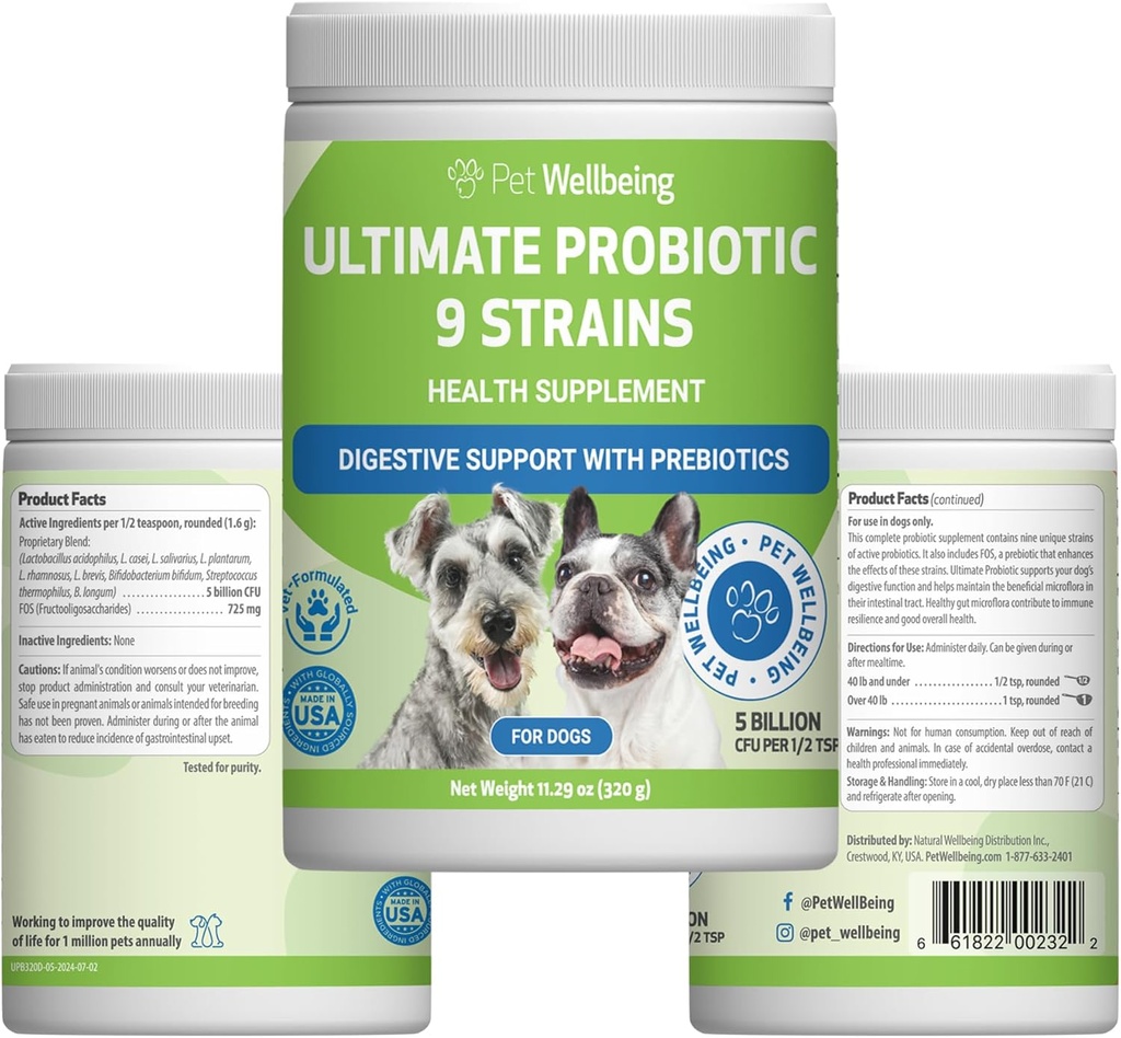 Pet Wellbeing Ultimate Probiotic 9 Sprains for Dogs & Cats - Understøtter Gut Microbiome og fordøjelse, immunsystemet pleje, Urinary Tract Health, FOS, 2,5 milliarder CFU - 11.29 oz (320 g) Pulver