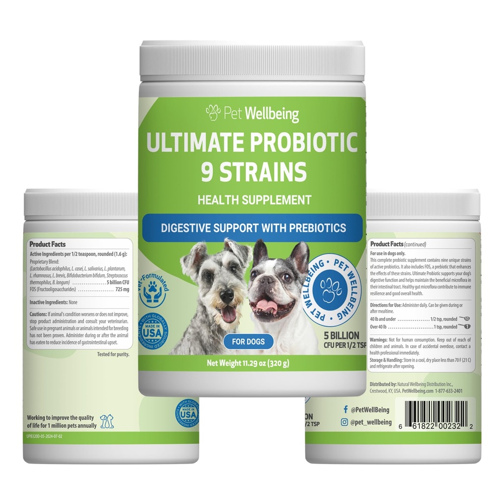 Pet Wellbeing Ultimate Probiotic 9 Sprains for Dogs & Cats - Understøtter Gut Microbiome og fordøjelse, immunsystemet pleje, Urinary Tract Health, FOS, 2,5 milliarder CFU - 11.29 oz (320 g) Pulver