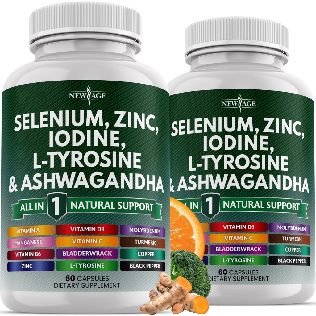 NYE ALDER Selen, zink, jod, L Tyrosine, Ashwagandha - Supplement for kvinder og mænd med Bladderwrack, gurkemeje, Silica Kelp, Schisandra - 120 Greve
