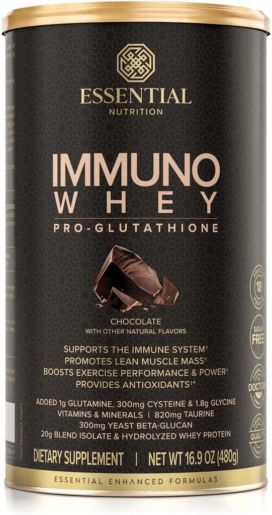 Essential Nutrition Immuno Whey - Isolate & Hydrolysed Whey Protein Powder med tilsat aminosyrer til støtte for Glutathion Produktion - Beta Glucan - Chokolade - 16,9 oz (15 Servere)