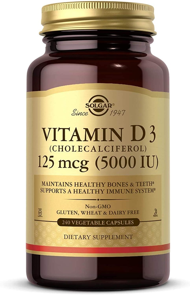 Solgar Vitamin D3 (Cholecalciferol) 125 mcg (5000 IE), 240 Vegetabilske kapsler - Hjælper bevare sunde knogler & tænder - immunsystemet support - non-GMO, Gluten Free - 240 Total Serveringer