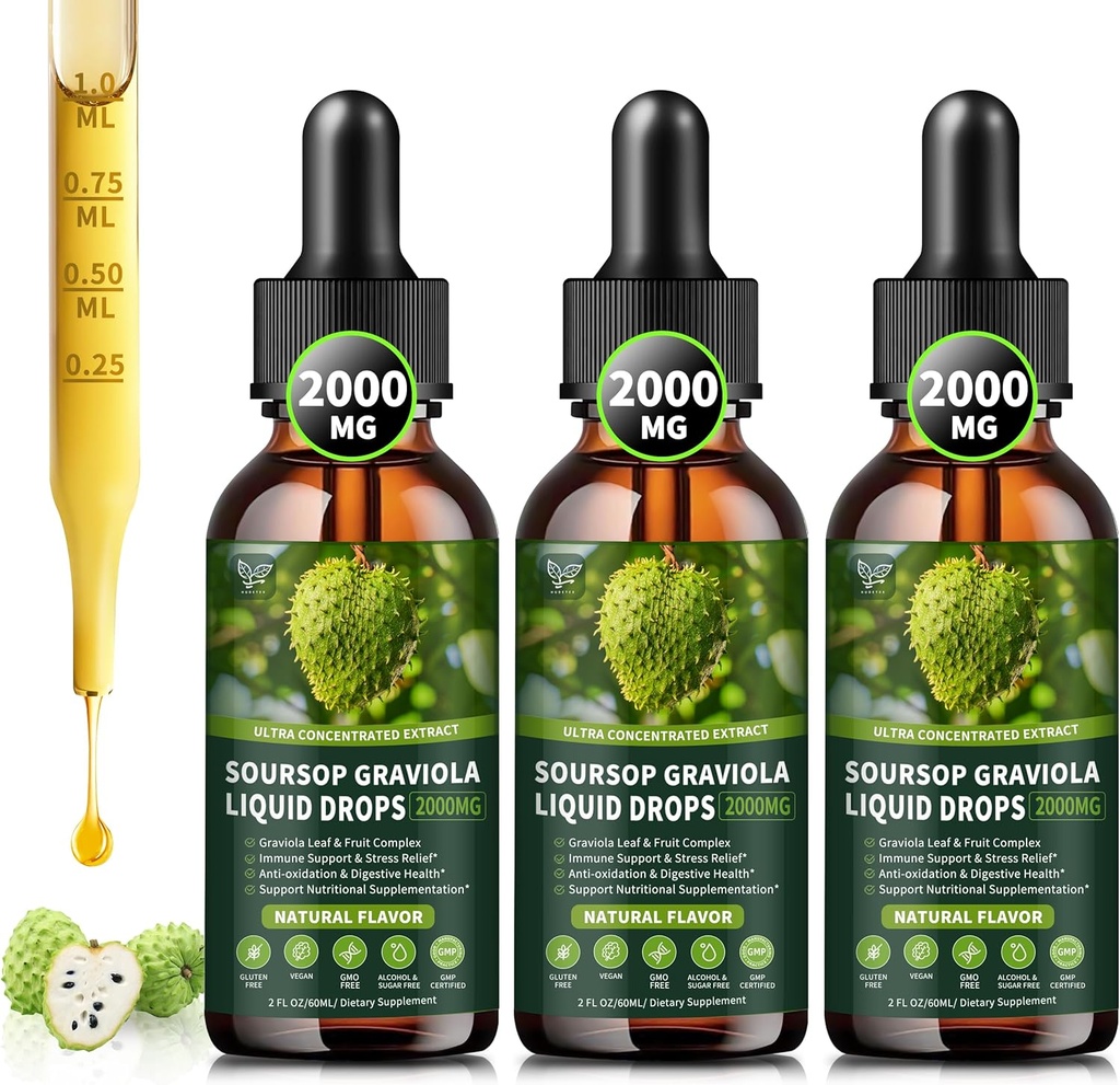 (3 Pack) Soursop Graviola Liquid Drops 2000mg, 98% Absorption for Cell Support & Regeneration, Immunboost, Lever, Herbal Goodness, Soursop Bitters Liquid- Sugar / Gluten Free, Natural Flavor, 6 Fl Oz