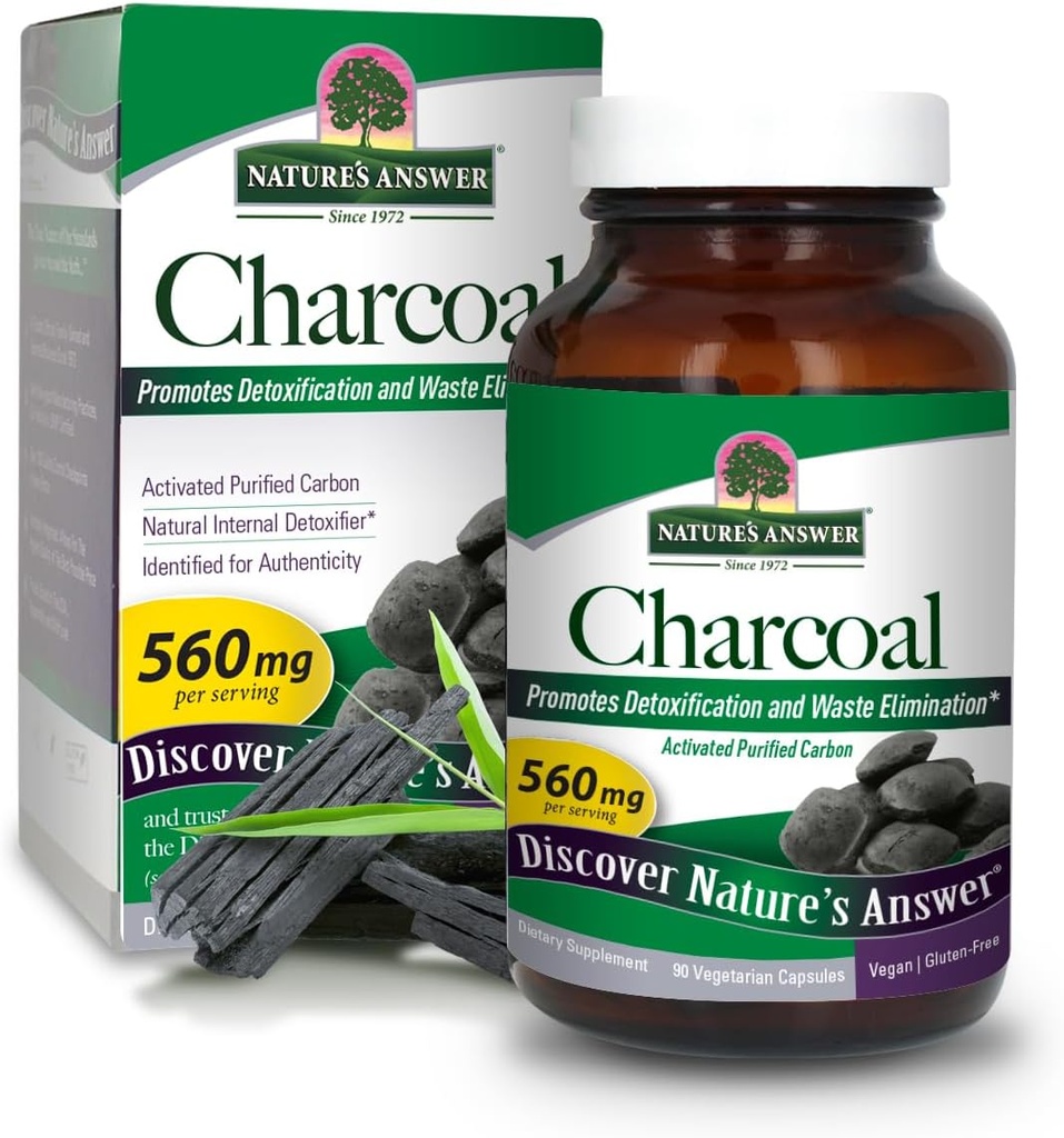 Naturens svar Aktiveret Charcoal 90- Capsules Measures 124; naturligt fremmer afgiftning & Affald Elimination Measurement 124; Vegan, Gluten & Alkohol- Free, No Preservatives Measurement