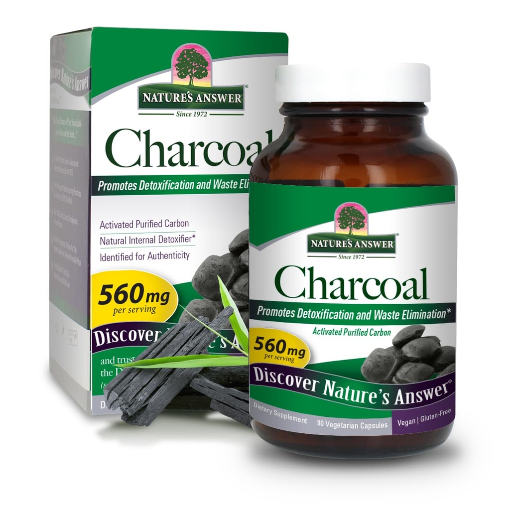 Naturens svar Aktiveret Charcoal 90- Capsules Measures 124; naturligt fremmer afgiftning & Affald Elimination Measurement 124; Vegan, Gluten & Alkohol- Free, No Preservatives Measurement