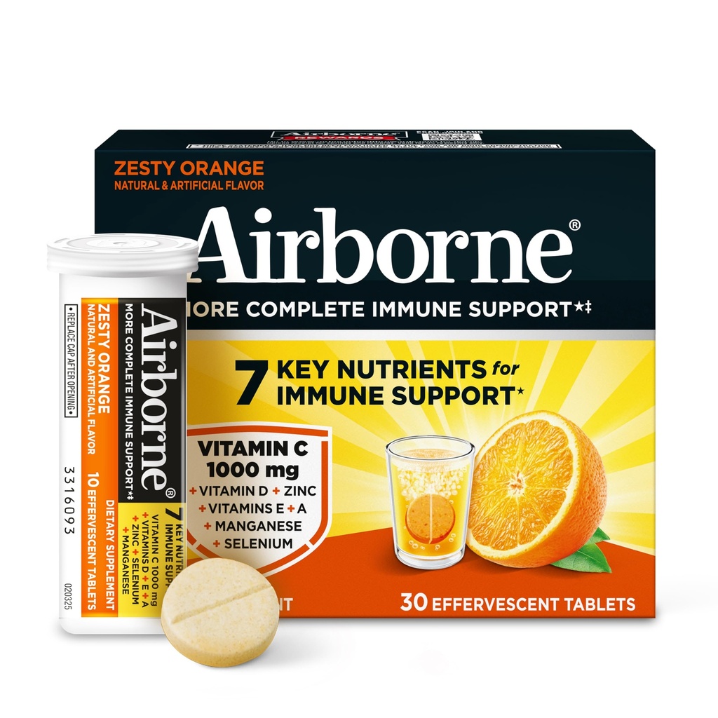 Airborne 1000mg C-vitamin med D-vitamin & zink, sukkerfri multivitamin immuntilskud, antioxidanter Vitamin A C & E, 30 effervescent tabletter, Zeress Orange Flavor