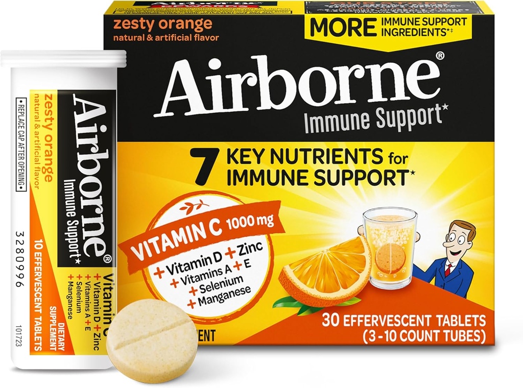 Airborne 1000mg C-vitamin med D-vitamin & zink, sukkerfri multivitamin immuntilskud, antioxidanter Vitamin A C & E, 30 effervescent tabletter, Zeress Orange Flavor