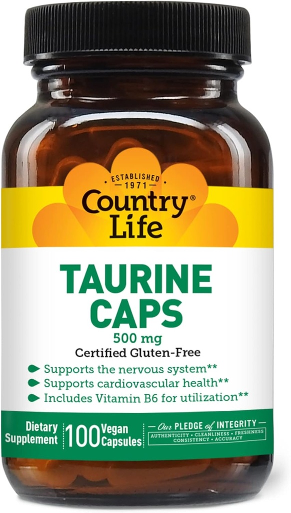 Country Life Taurine Supplement 500mg - Understøtter kardiovaskulære og nervesystem - 100 kapsler