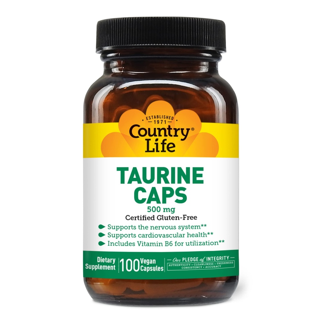Country Life Taurine Supplement 500mg - Understøtter kardiovaskulære og nervesystem - 100 kapsler
