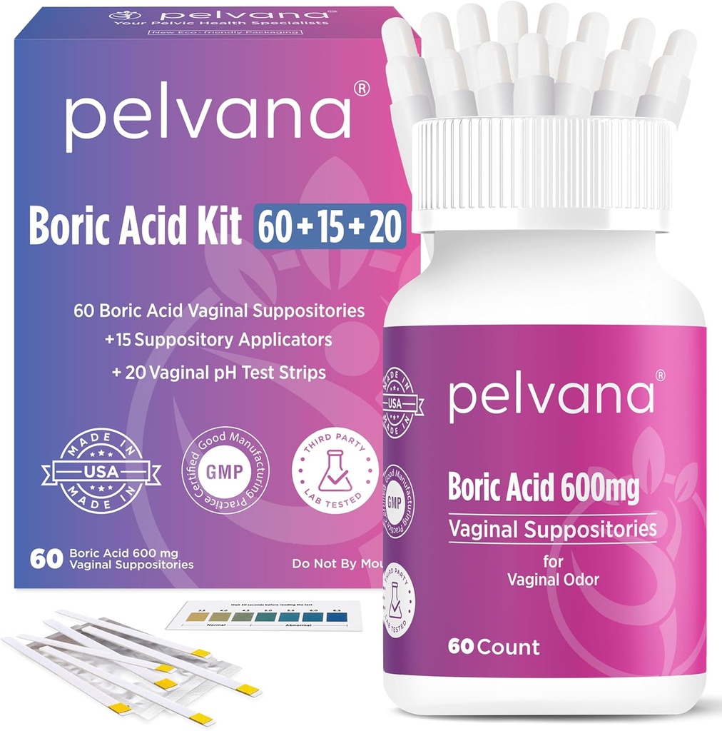 Pelvana Boric Acid Supposites for Women 60 + 15 Applikators + 20 pH Test Strips = 95 Piece Kit for Vaginal Odor - Third- Party Lab Testet & Made in USA