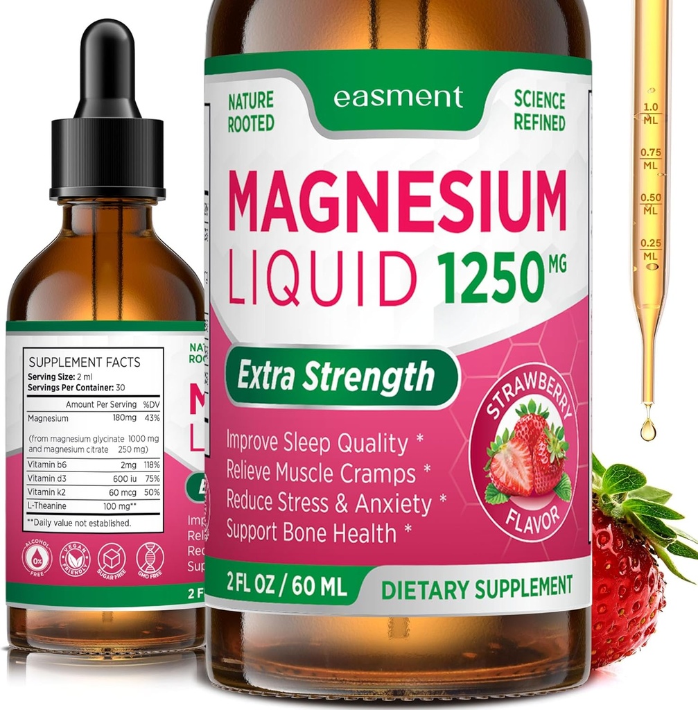 Magnesium Glycinat og citrat Væske til kvinder: 1250mg Magnesium, B6-vitamin, D3, K2, & L- Theanin til muskelafslapning, Sleep Support & Samlet Wellness af kvinder og mænd (2 Fl Oz (pakke med 1))