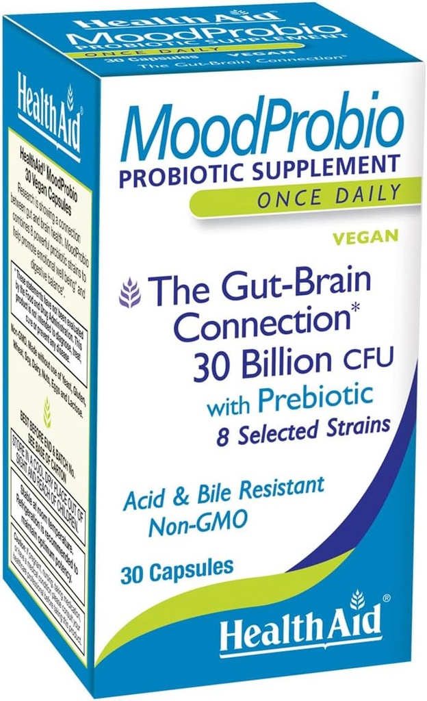 HealthAid MoodProbio 30 Ct, 30 Millioner CFU med Prebiotic, 8 Udvalgte Staints, En gang daglig, Syre & Bile resistent, Gluten, Dairy, og GMO fri, Vegan