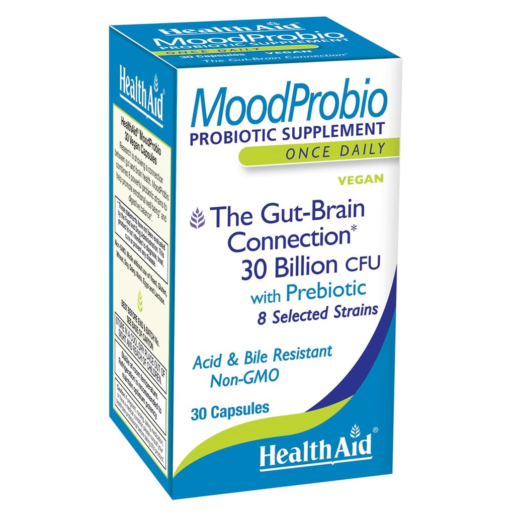 HealthAid MoodProbio 30 Ct, 30 Millioner CFU med Prebiotic, 8 Udvalgte Staints, En gang daglig, Syre & Bile resistent, Gluten, Dairy, og GMO fri, Vegan