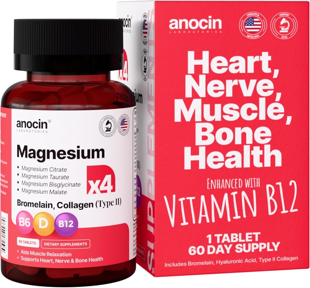 4X Magnesium Complex 200 mg + Magnesium Glycinat + Citrate + B12 High Absorption + Taurate + Malat + Bromelain + Collagen (type II) + Hyaluronsyre + Heart, Muscle + Joint Support, 60- Day