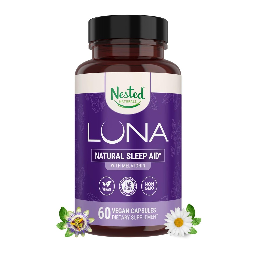 Nested Naturals Luna Sleep Aid - Non-Habit Forming Natural Sleeping Pills for voksne med naturligt behårede ingredienser - Valerian Root, Melatonin, Kamille, Lemon Balm, og mere - 60 Veganske kapsler