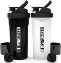 Utopia Home Shaker Flaske 2 Pack - 24 Ounce Plastic Protein eller Cocktail Shaker Flaske til Pre & Post træning med Twist & Lock Protein Box Storage (All Black & Clear / Black)
