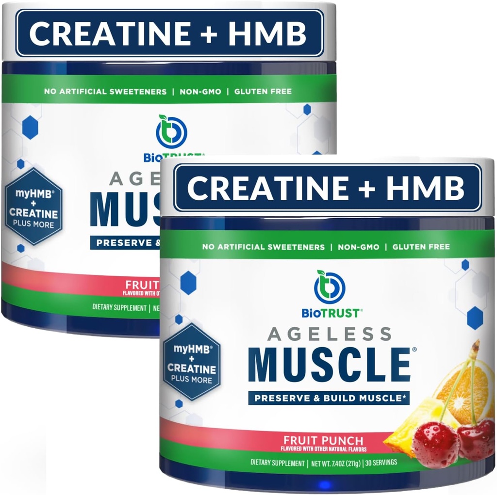BioTrust Aeless Muscle Builder - Creatin HMB pulver med vitamin D3 & betaine - Build & Preserve naturligt faldende muskelmasse & Styrke - Frugt Punch, 60 Servere